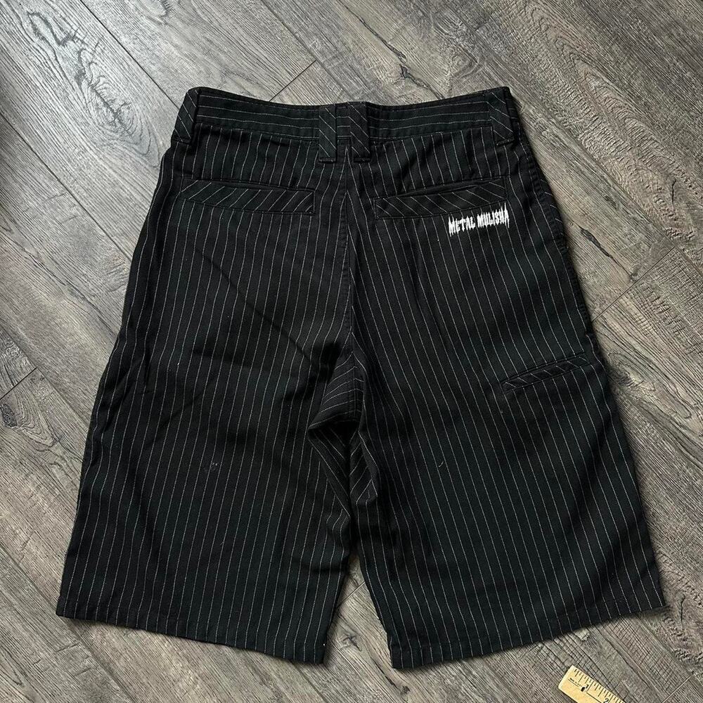 Vintage 00s Pin Striped Long Black Skull Metal Mulisha Short